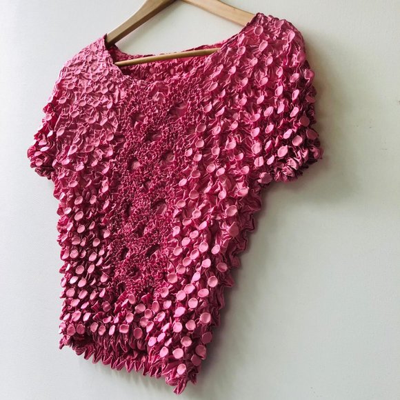 Pink Crinkle Silk Blend Top Women Shirt Size Medium - Picture 2 of 6